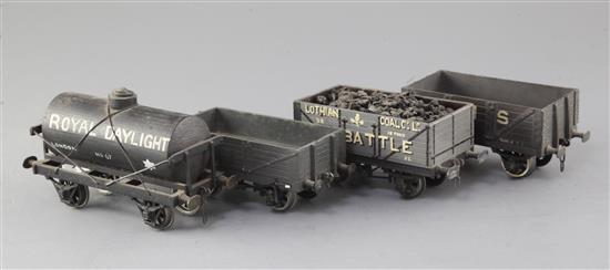 A New Battle open wagon with load, no. 92, in grey, an LMS open wagon, 12T, in grey, a Royal Daylight